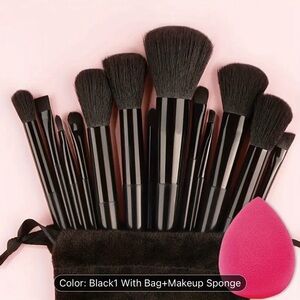 13-PIECE VEGAN BRUSH SET w/ SPONGE & TRAVEL BAG (Black)